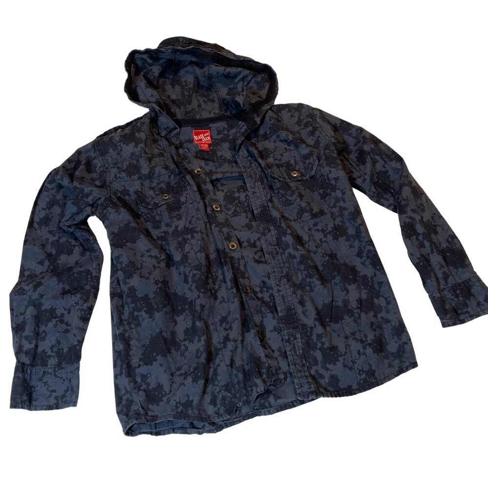 Black Jack Kids Hooded Button-Up Shirt Camo Print L (10/12) 100% Cotton Blue